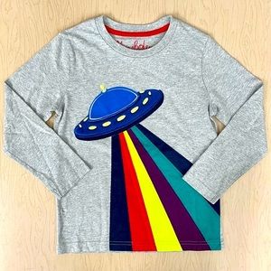 New Mini Boden Tee Boys 5-6 Y UFO Big Applique Spaceship Shirt Grey Grey Spring